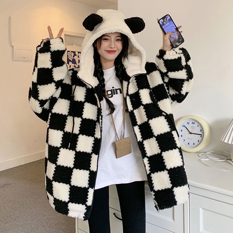 Checkered Cozy Bear Ears Zip-Up Hoodie for Women - true deals club