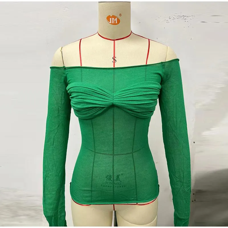 Sexy Transparent Off Shoulder Shirts Women Slim Fit Solid Perspective Thin T-Shirt Female Autumn Chic Elegant Daily Tops