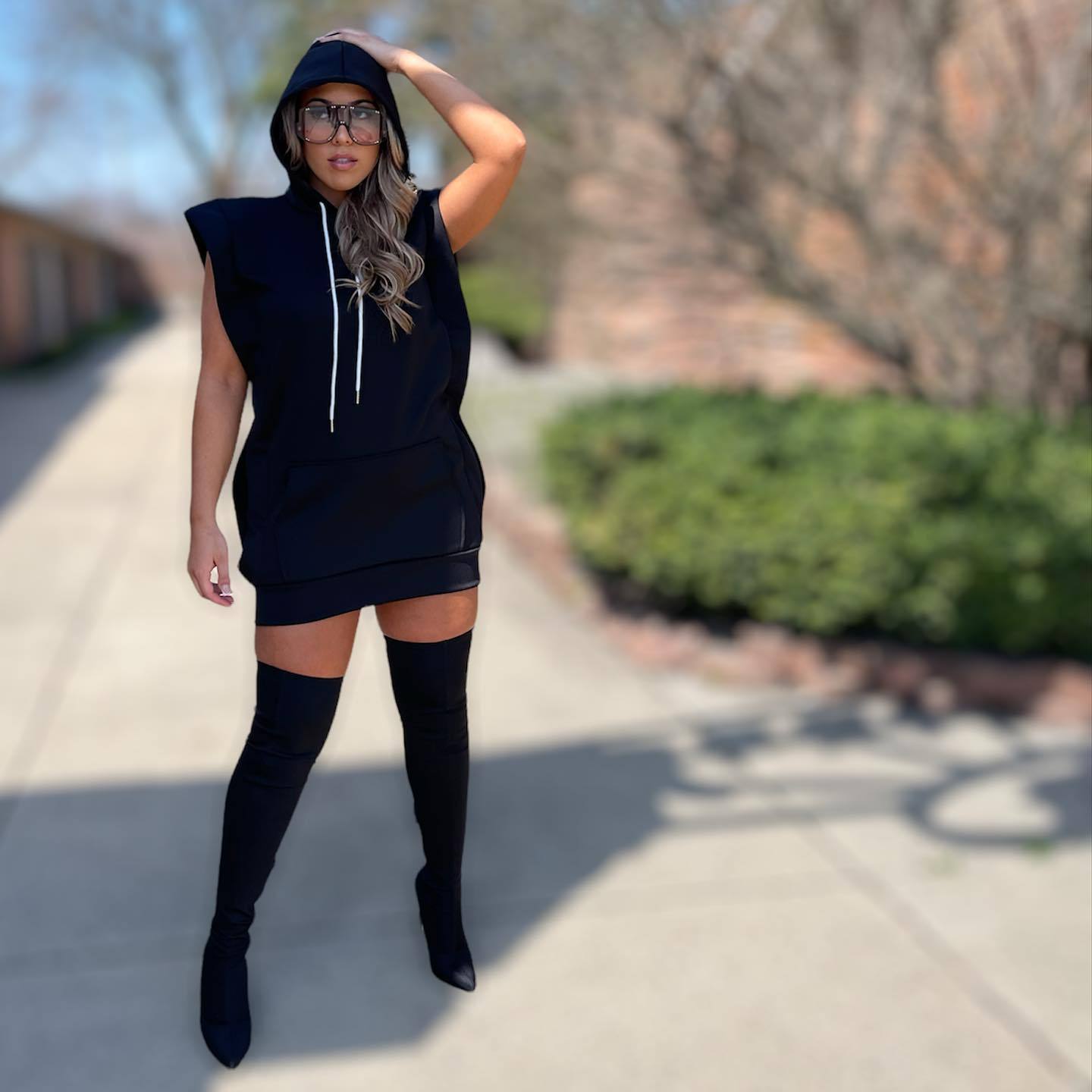 Hooded Solid Color Casual Sweatshirt Dress Maxct