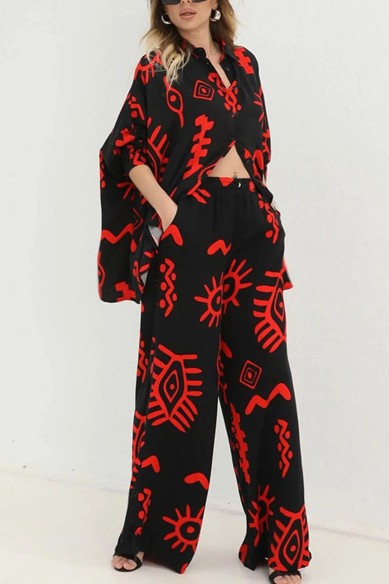 Maxct Printed Bat Sleeve Loose Shirt Suits