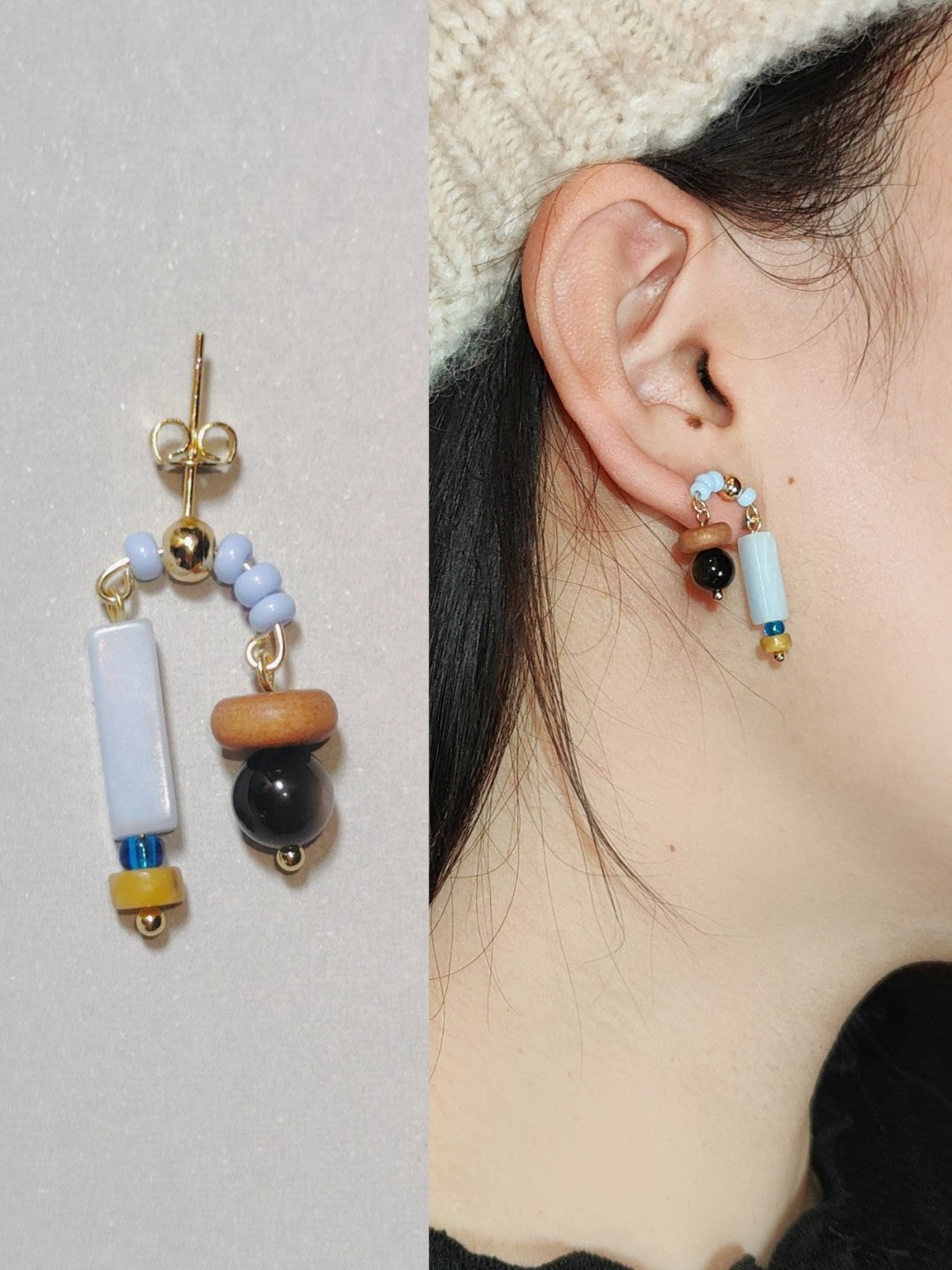 「Chinoiserie」Natural Jade Asymmetric Red Earrings