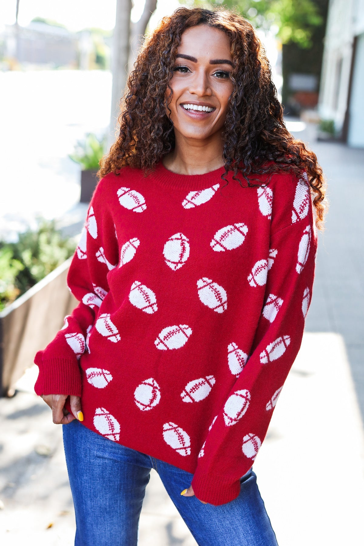 Maxct &Game Day Red Football Print Jacquard Knit Sweater