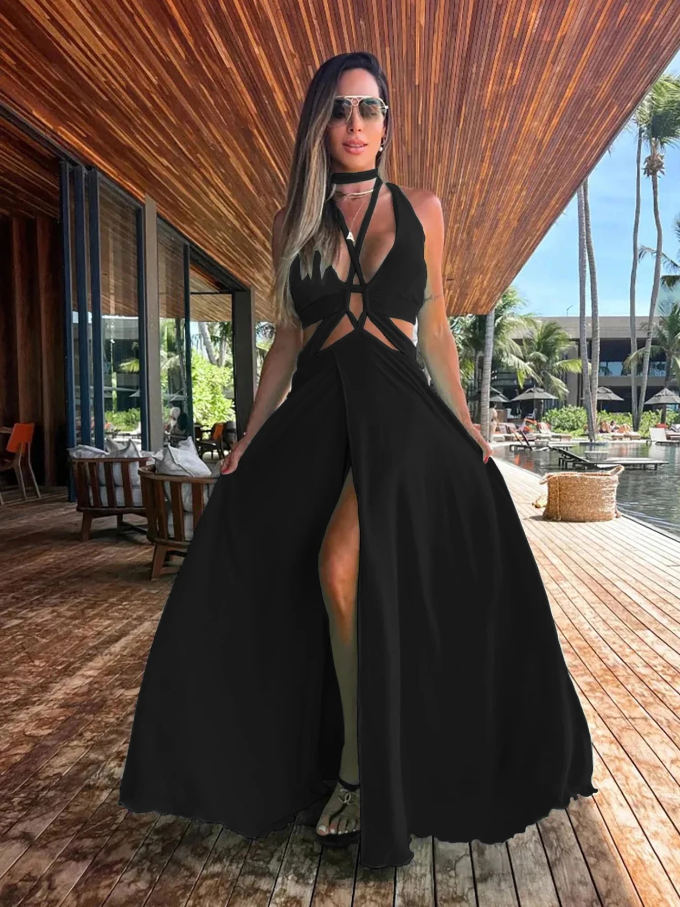 Maxct Women Halter Neck Tie Backless Beachwear Green Cover Up Party Ladies Dresses Casual Summer Clothing Fashion Long Dress