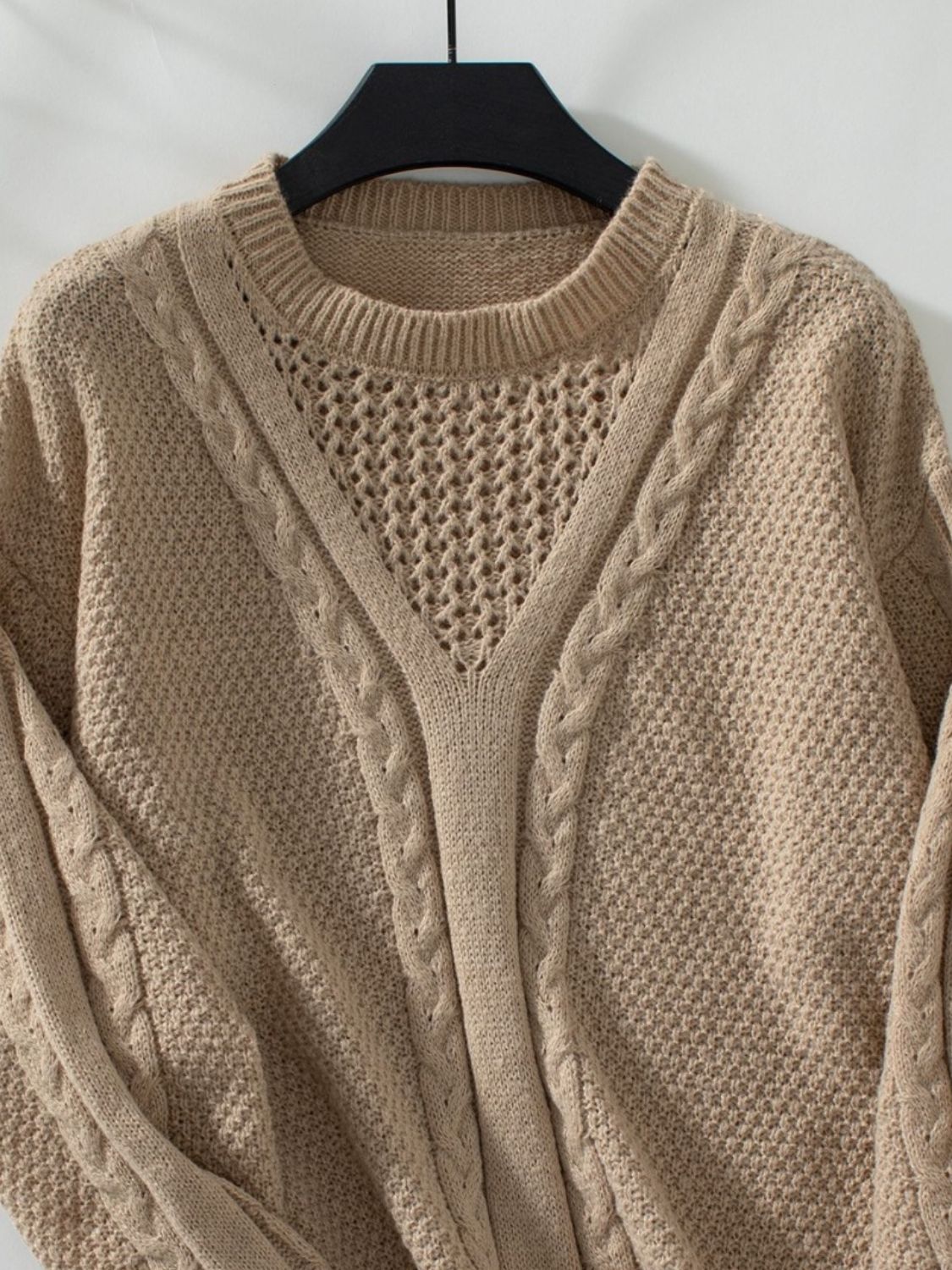 Maxct &Openwork Cable-Knit Round Neck Long Sleeve Sweater