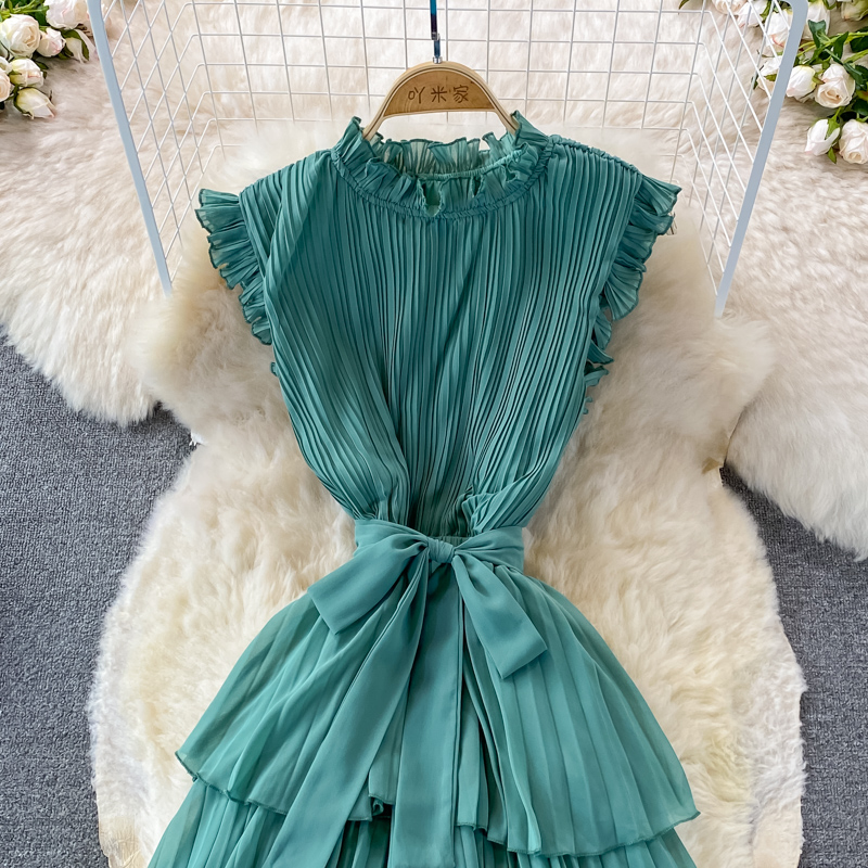 Women's Purple/Pink/Green Draped Dress Vintage Ruffle Stand Collar Sleeveless High Waist Party Pleated Vestidos Female New