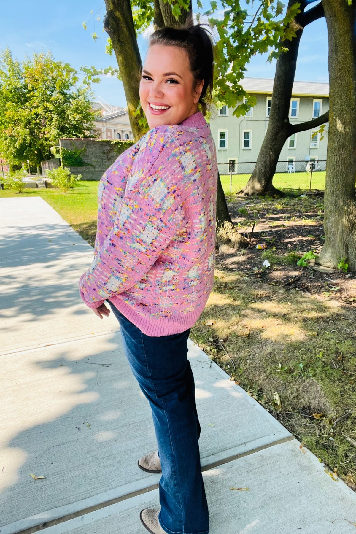 Maxct &Adorable Pink Multicolor Popcorn Knit Sweater