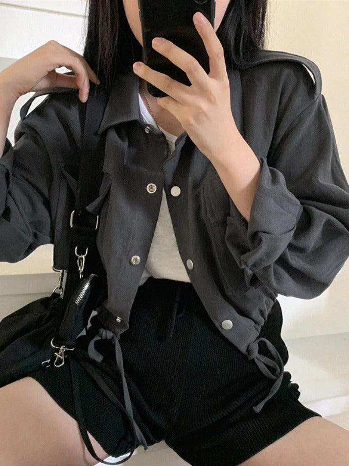 Maxct Lapel Neck Snap Button Drawstring Short Long Sleeve Blouse