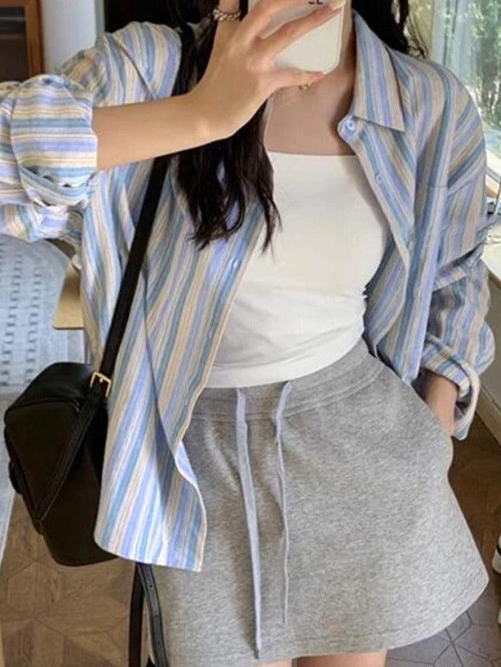 Maxct Contrast Color Striped Long Sleeve Blouse