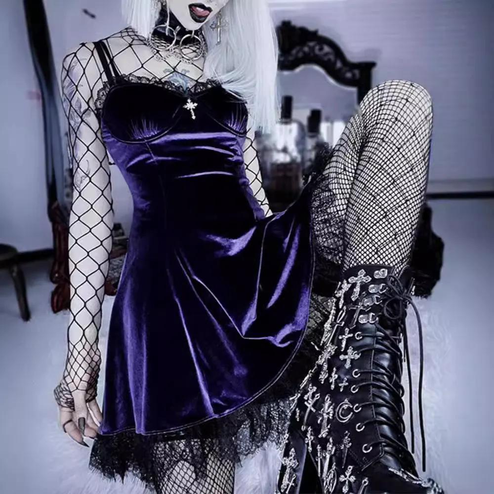Maxct cybergoth dress to impress Lolita Dark Girl Gothic Style Lace Low-Cut Strap Sexy Dress