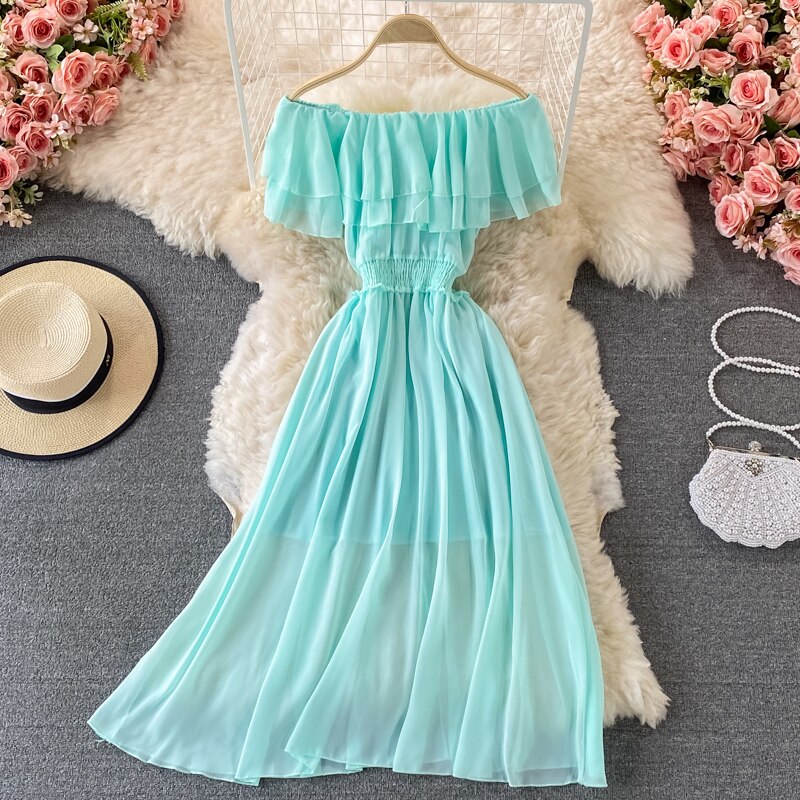 Chiffon Dress Women Sexy Slash Neck Ruffle Robe Elegant Ruffle High Waist Vestidos Female Beach Vacation New