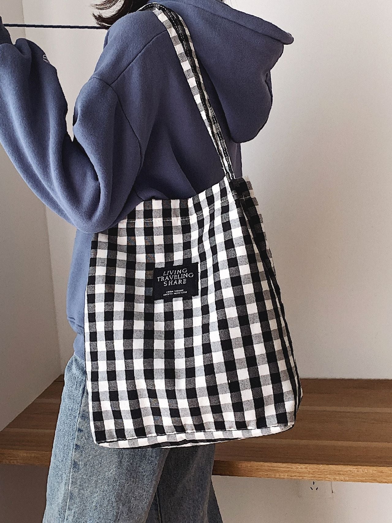 Maxct - Letter Patch Gingham Shopper Bag  - Women Tote Bags