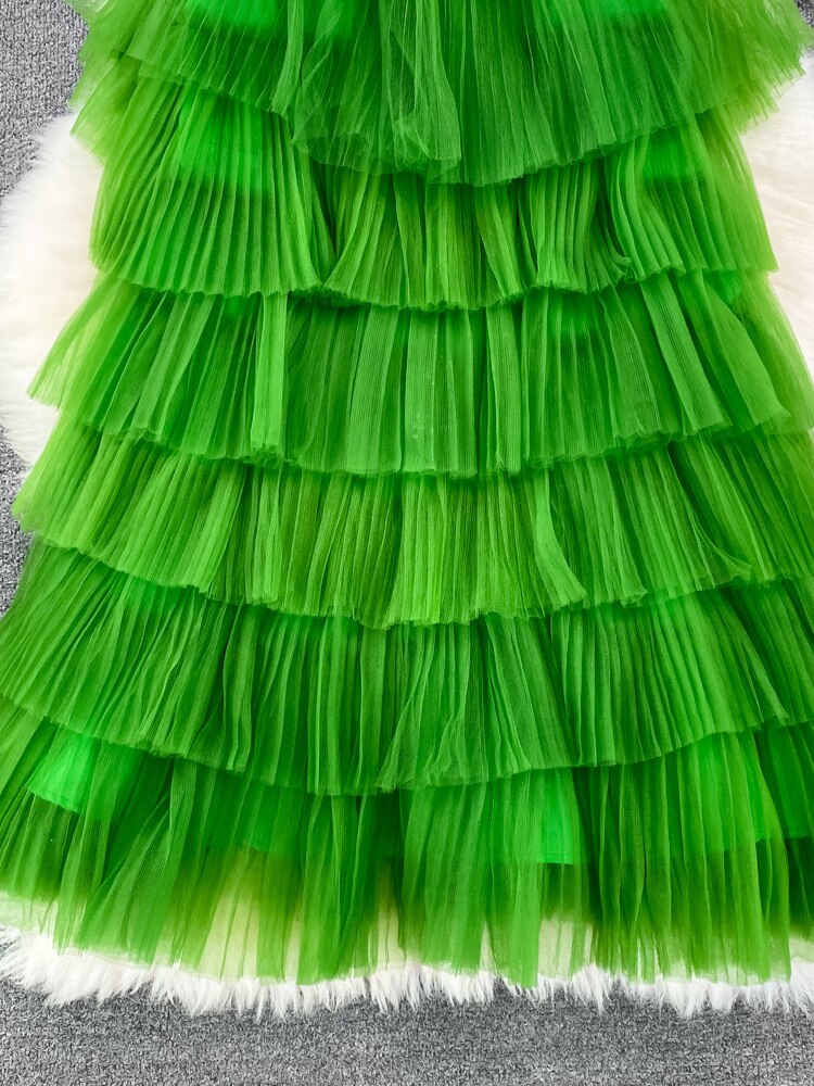 Cascading Ruffle Mesh Spaghetti Strap Mini Dress Women Purple/Green/Pink Sleeveless A-Line Vacation Beach Vestidos Female