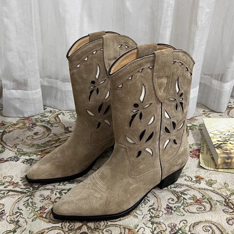Womens Western Boots Block Heel Cut-Out Cowboy Boots All Genuine Leather Maxct