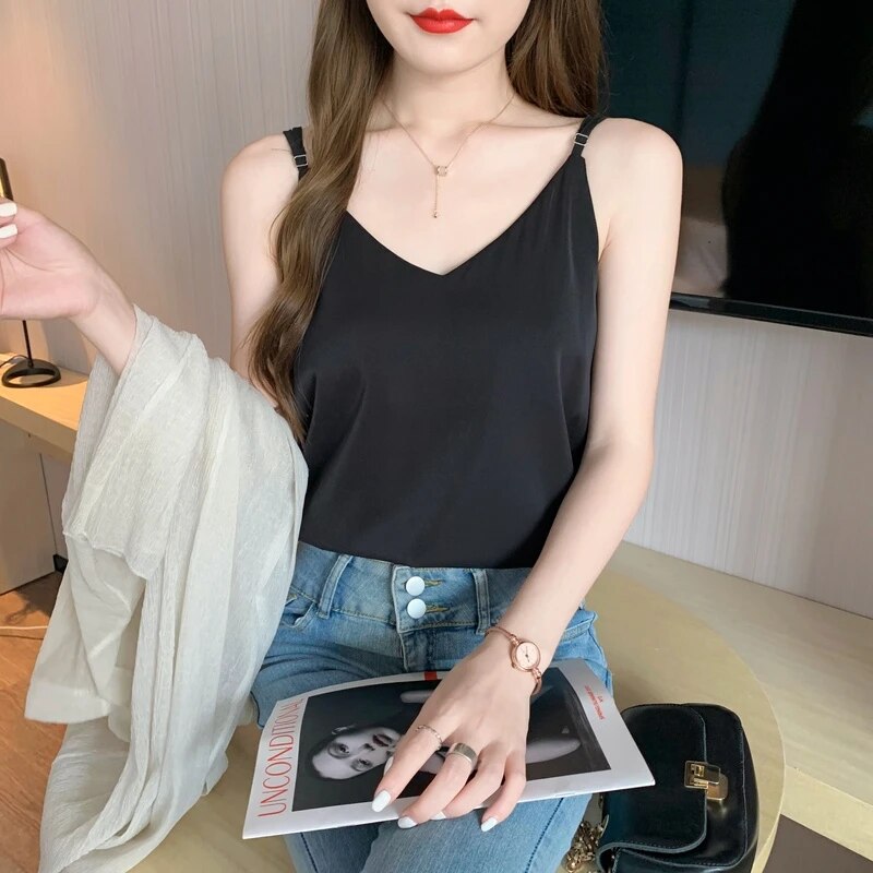 Maxct Chiffon Camisole Female V Neck Plain Loose Camis Tops With Adjustable Straps
