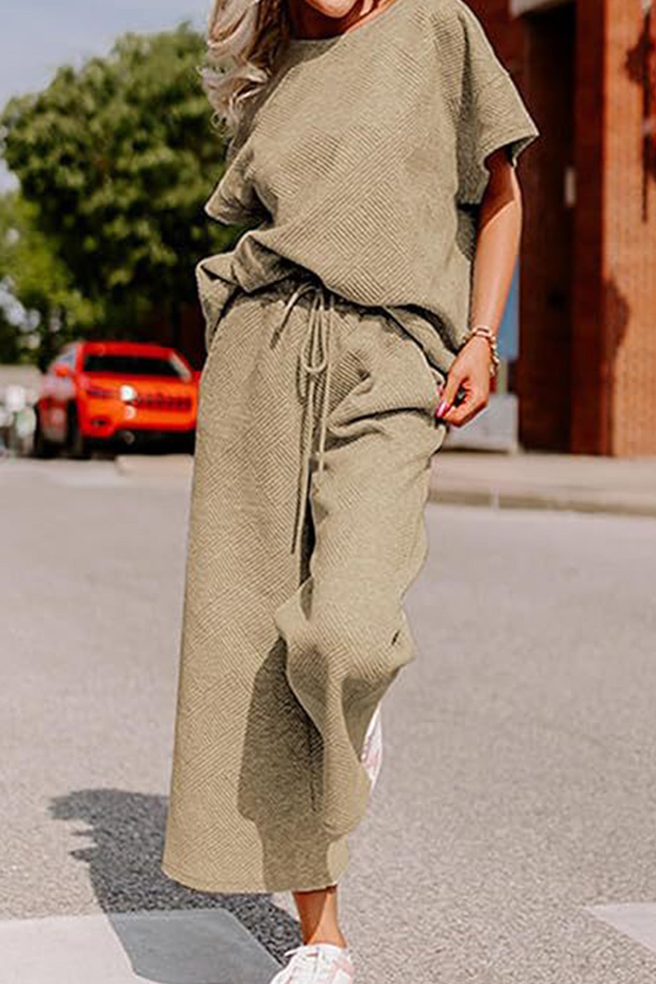 Maxct Solid Textured T-shirt Long Pants Set