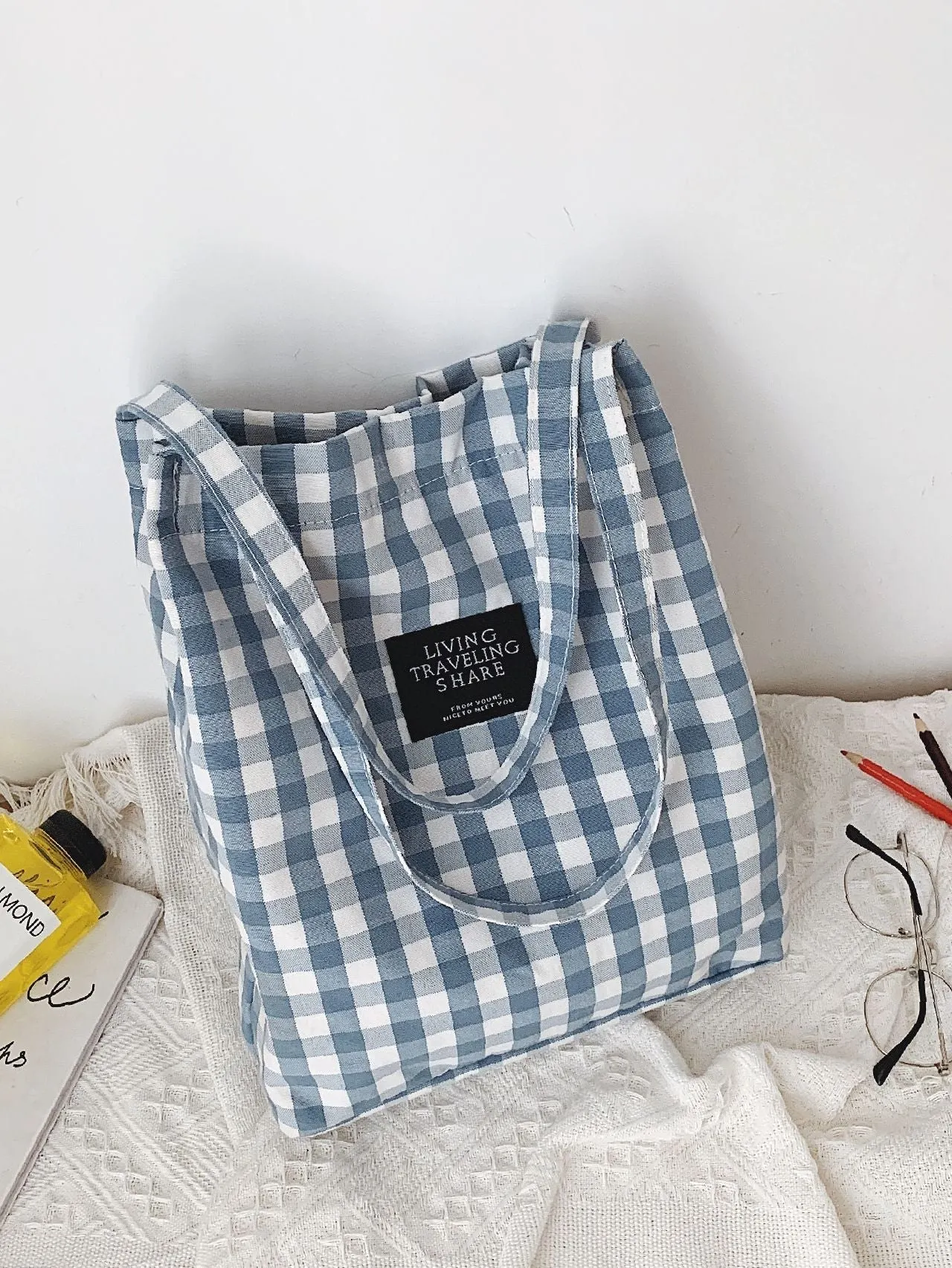 Maxct - Letter Patch Gingham Shopper Bag  - Women Tote Bags