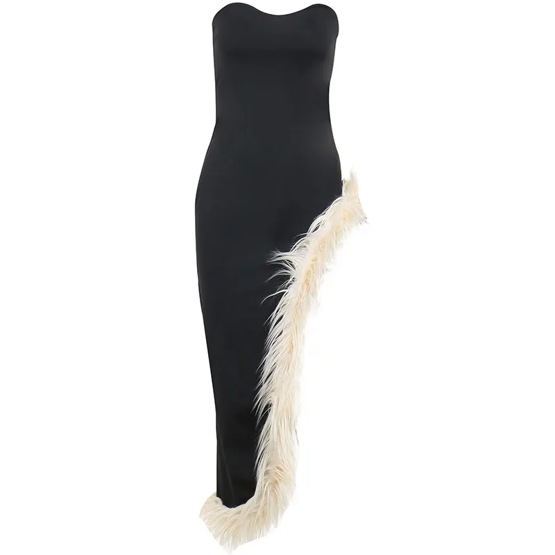 Maxct Womens Sexy Vintage Furry Feathers Irregular Hem Strapless Long Dress Elegant Sexy Black Gowns for Ladies Party