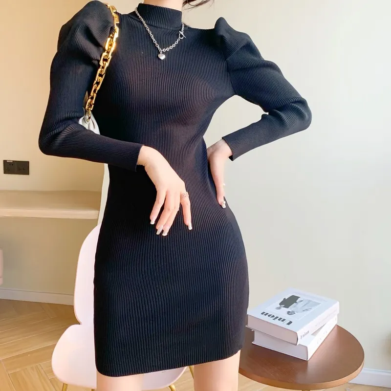 Maxct Women Knitting Full Puff Sleeve Base Sweaters Dresses Girls Slim Turtleneck Mini Sheath Knitwear Dress Real Photos