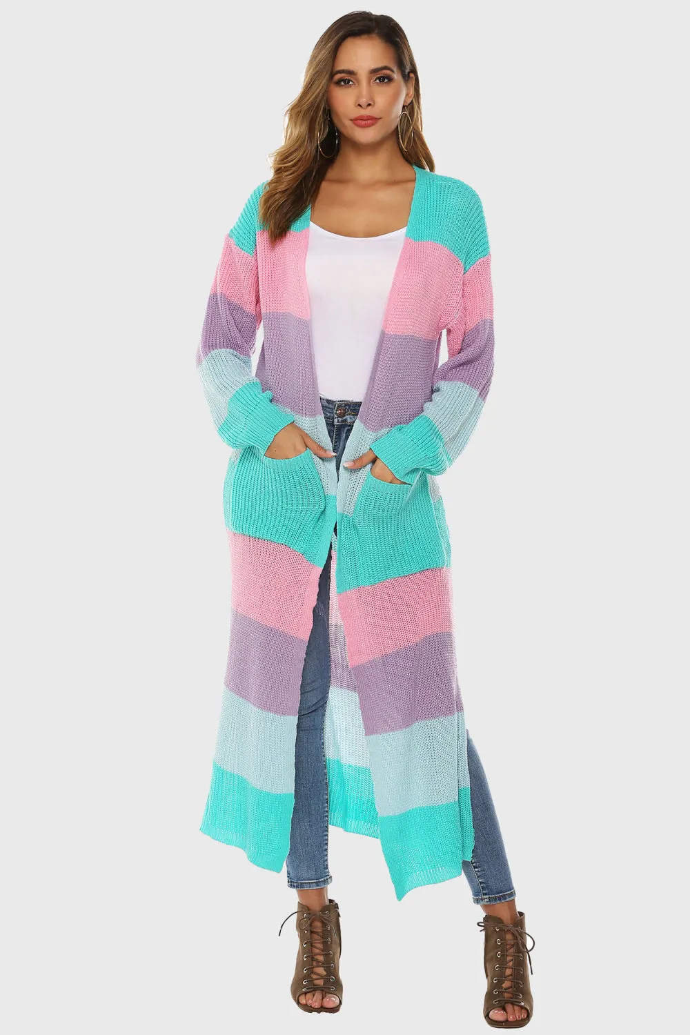 Maxct &Color Block Long Sleeve Pocketed Cardigan