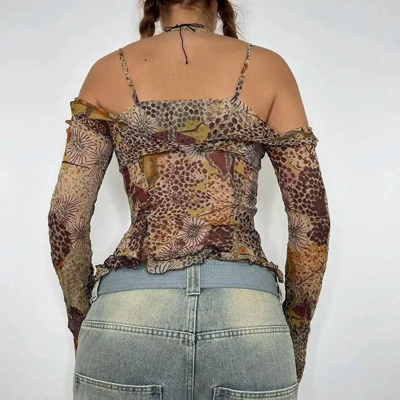 Maxct &Fairycore Floral Mesh Top
