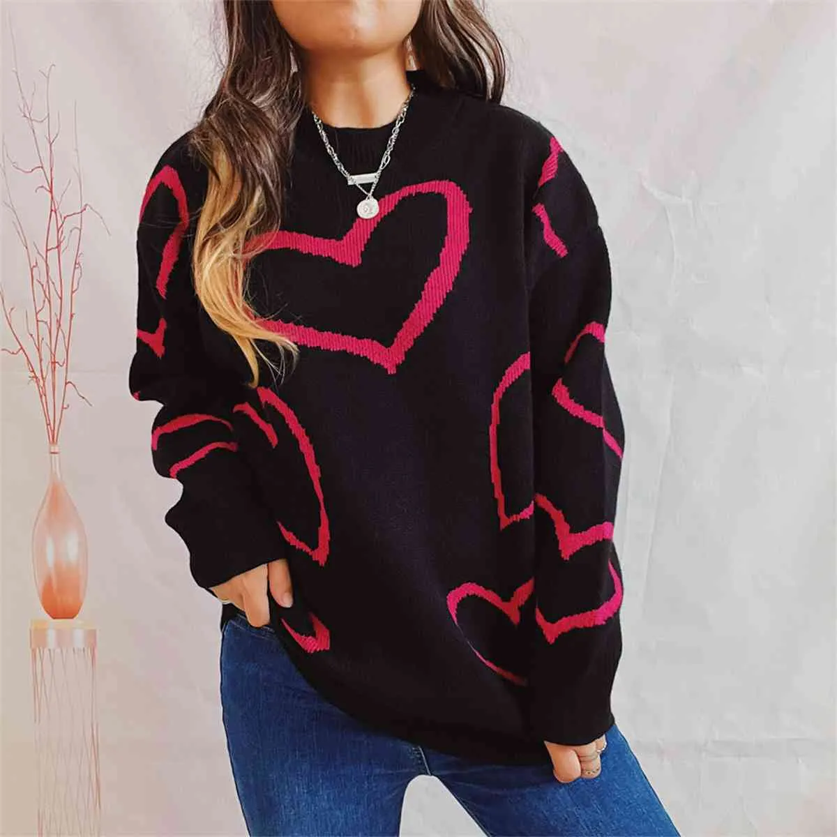 Maxct &Heart Pattern Long Sleeve Sweater