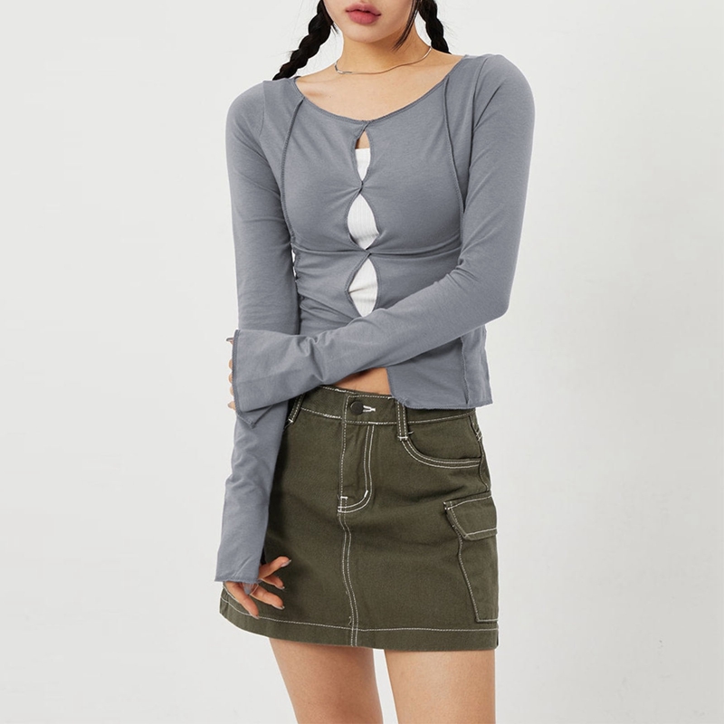 Korean Mall Goth Crop Tops Harajuku Grunge Front Hollow Out T-shirt Gothic Long Sleeve Slim Fit Tees 00s Retro Clothes