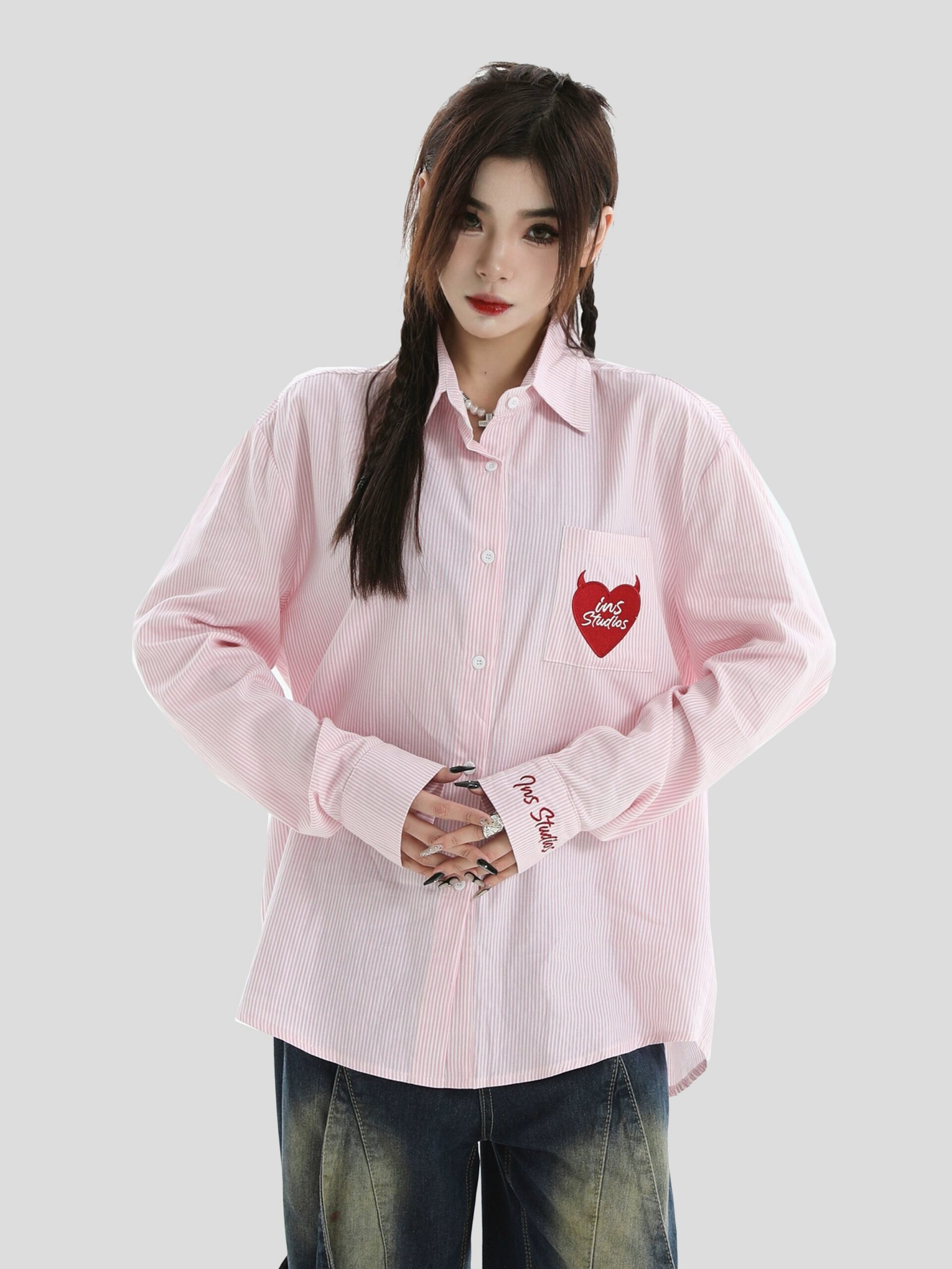 INS Heart Embroidery Striped Shirt Maxct