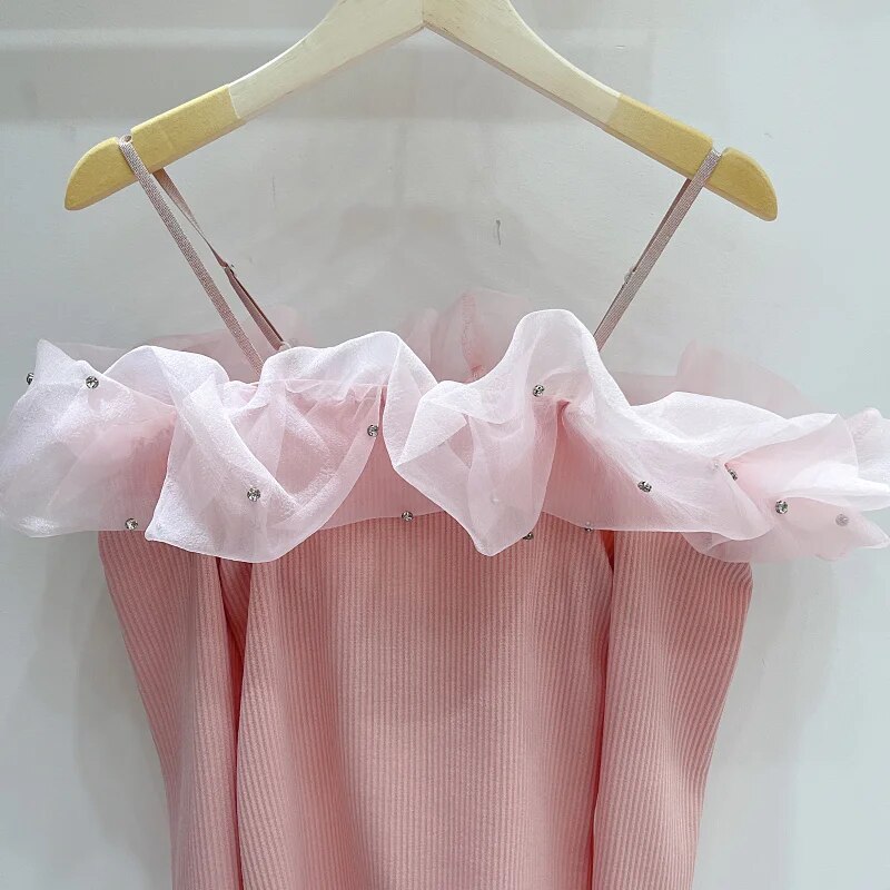 Maxct Neck T Shirts Girls Patched Beading Ruffles Stretch Tshirt Top Women Spring Summer Slim Tees