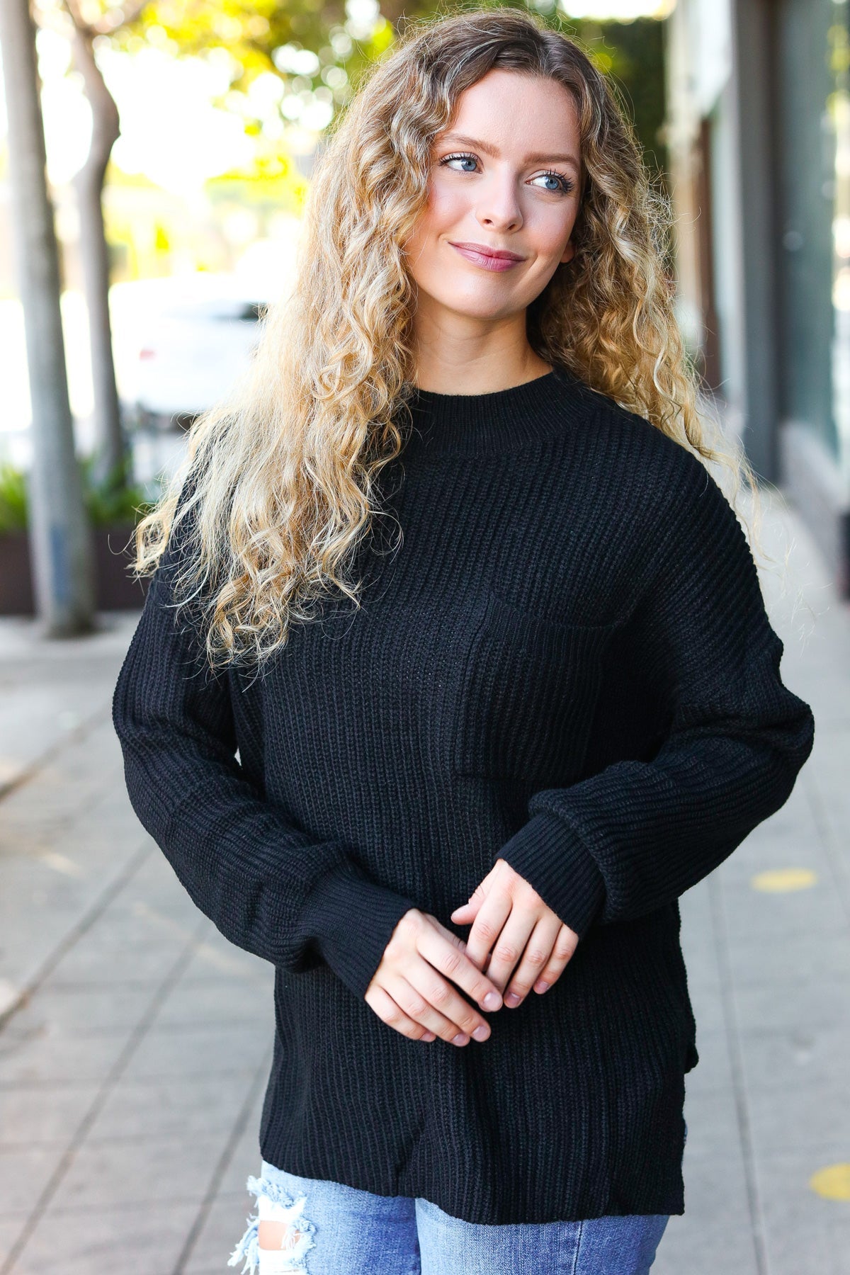 Maxct &Classy Chic Black Mock Neck Chest Pocket Knit Sweater