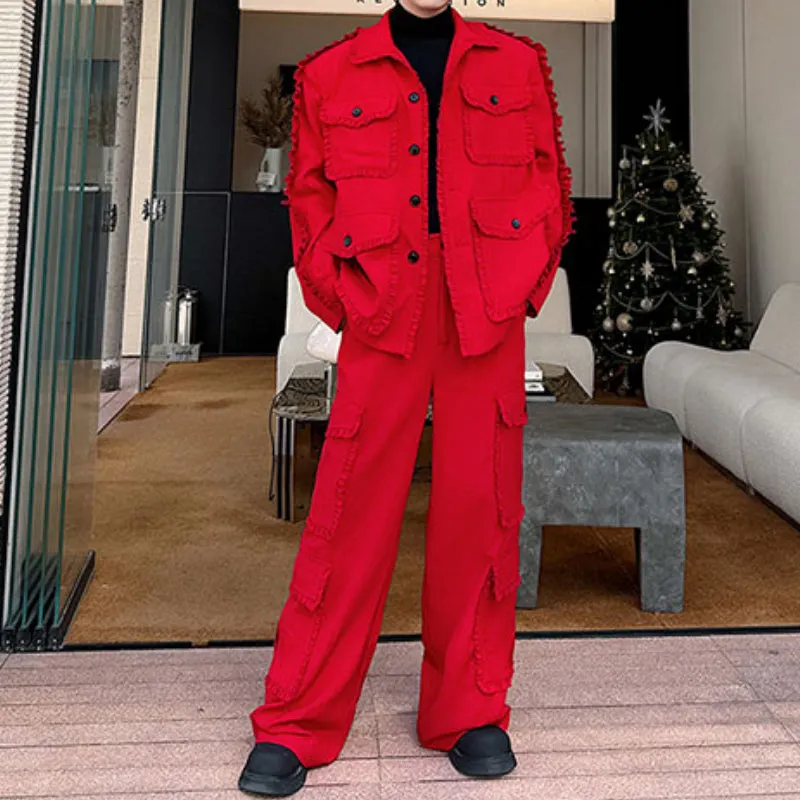 Maxct Red Suit Multi-pocket Jacket Wide-leg Trousers Two-piece Set