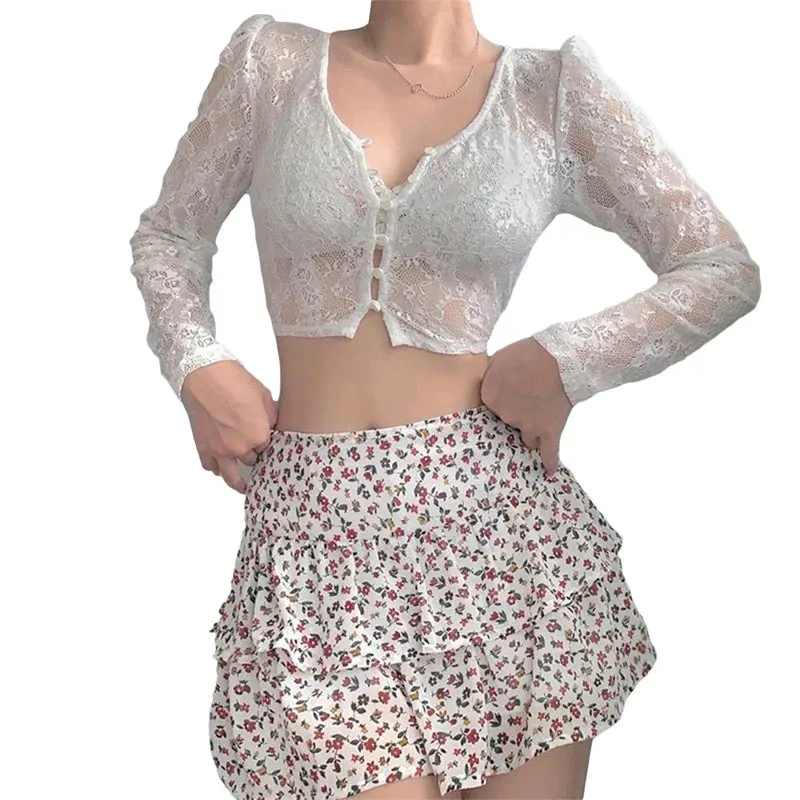Maxct 90s Vintage Button Up Long Sleeve Crop Top Floral Lace Transparent T-shirt Korean Harajuku Slim Fit Tees Y2K Women Streetwear