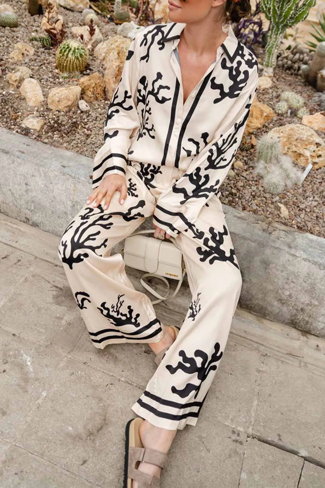 Maxct Satin Contrast Printed Button Long Pants Set