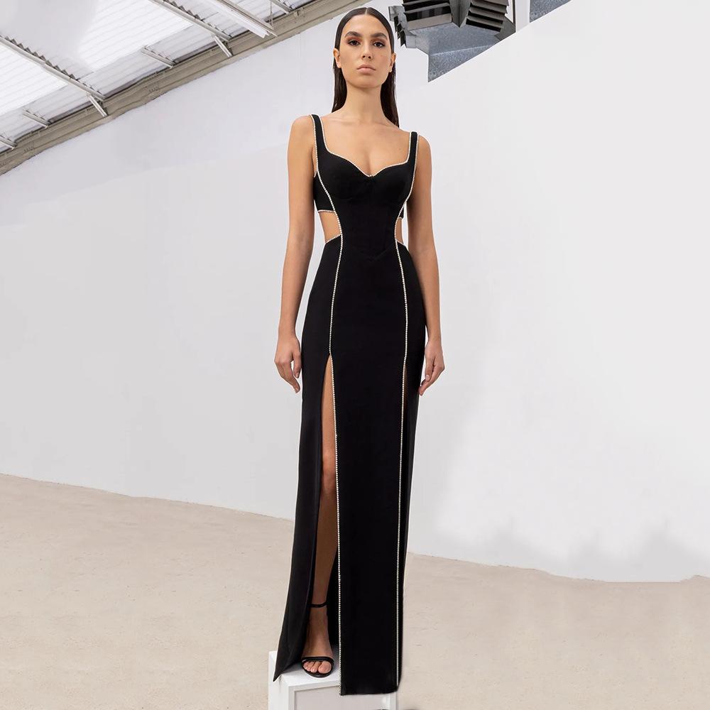 Maxct 2023 Super Hot Summer Women's Wear Black Rhinestone Hollow Strap Long Dress