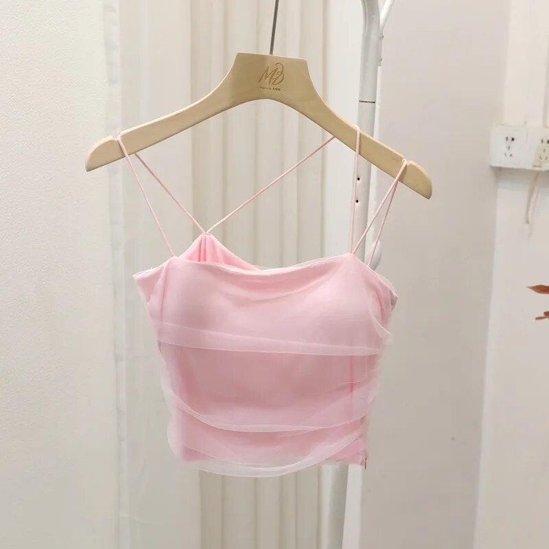 Maxct Mesh Camis Crop Top With Bra Girls Sweet Slim Padded Tube Tops Female Sided Zipper Tank Camisole