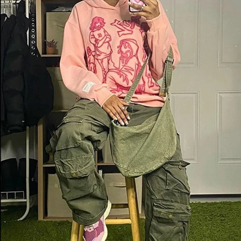 Maxct Cartoon Graphic Print Hoodies Women Men Y2K Streetwear Harajuku Long Sleeve Pink Hooded Sweatshirt Vintage Casual Loose Hoodie