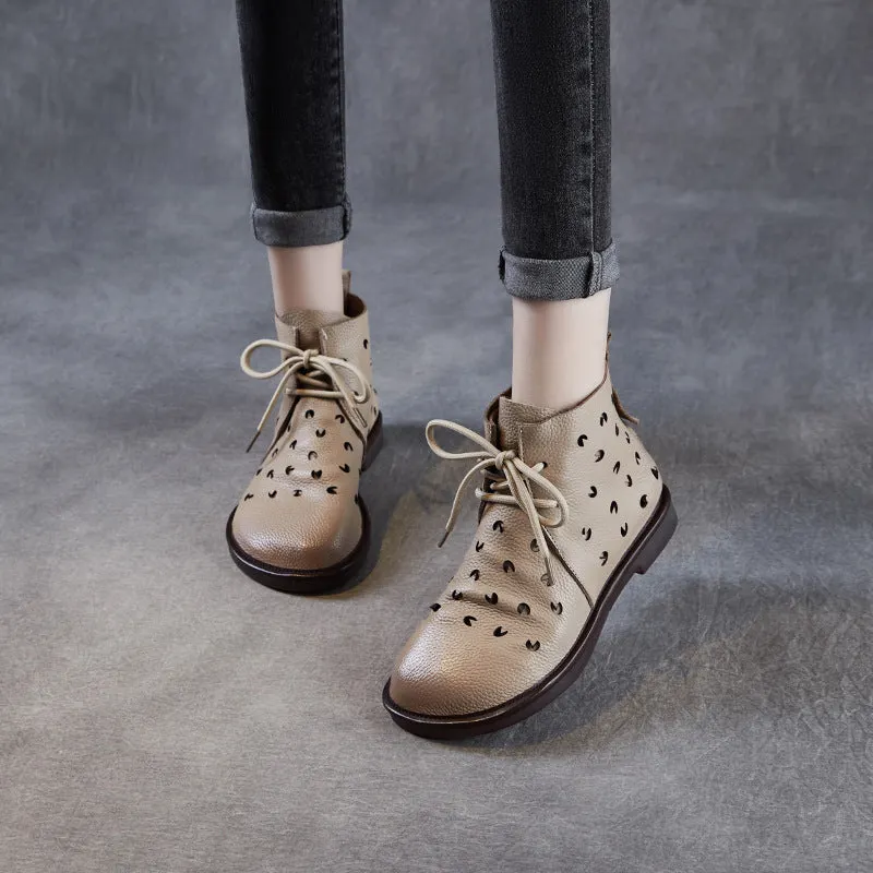 Women Summer Leather Hollow Lace Up Soft Sole Boots