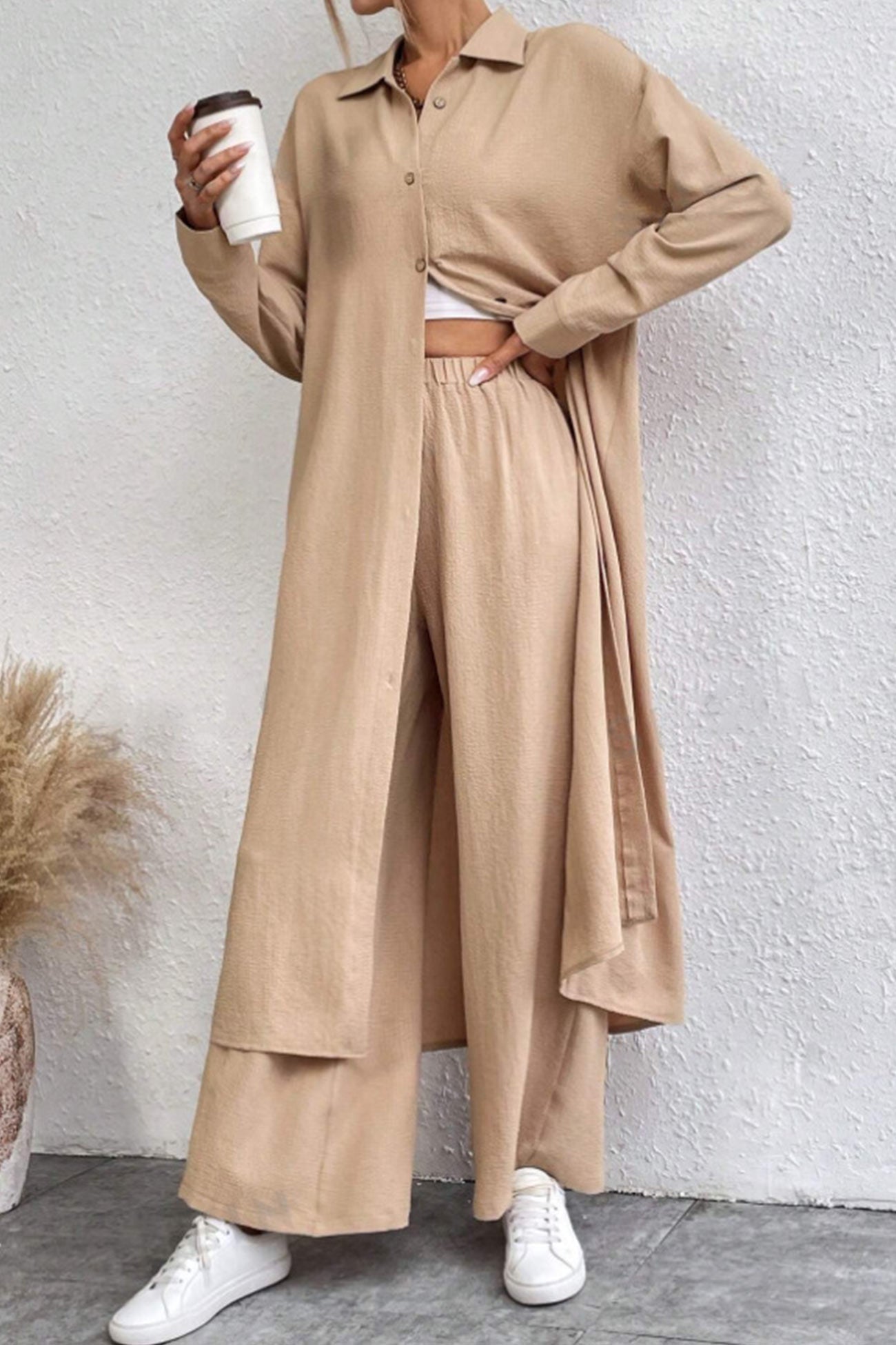Maxct Solid Long Shirt Wide Leg Pants Set