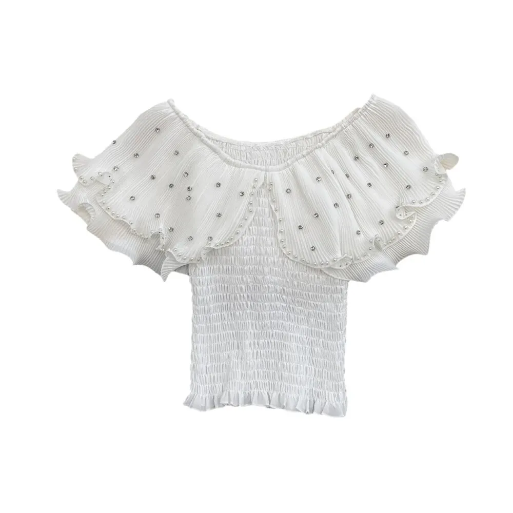 Maxct Sweet Cropped T-shirt Women Beading Ruffles Slash Neck Crop Tops Girls High Stretchy Fashon Tee Shirts