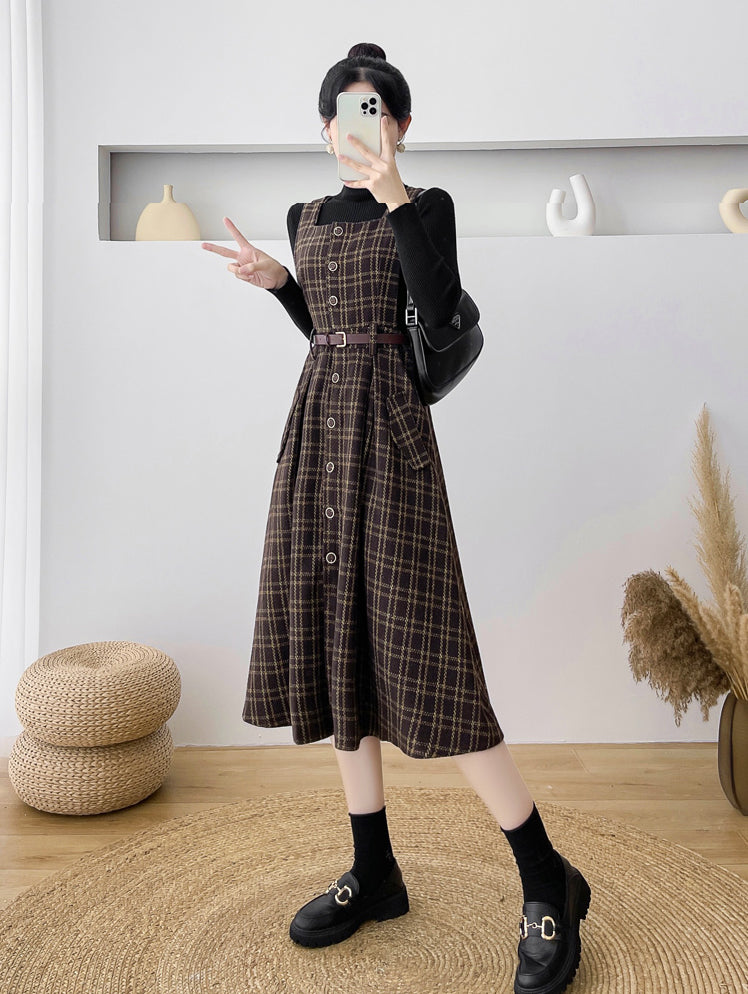 Button Up Plaid Pinafore Dress Maxct
