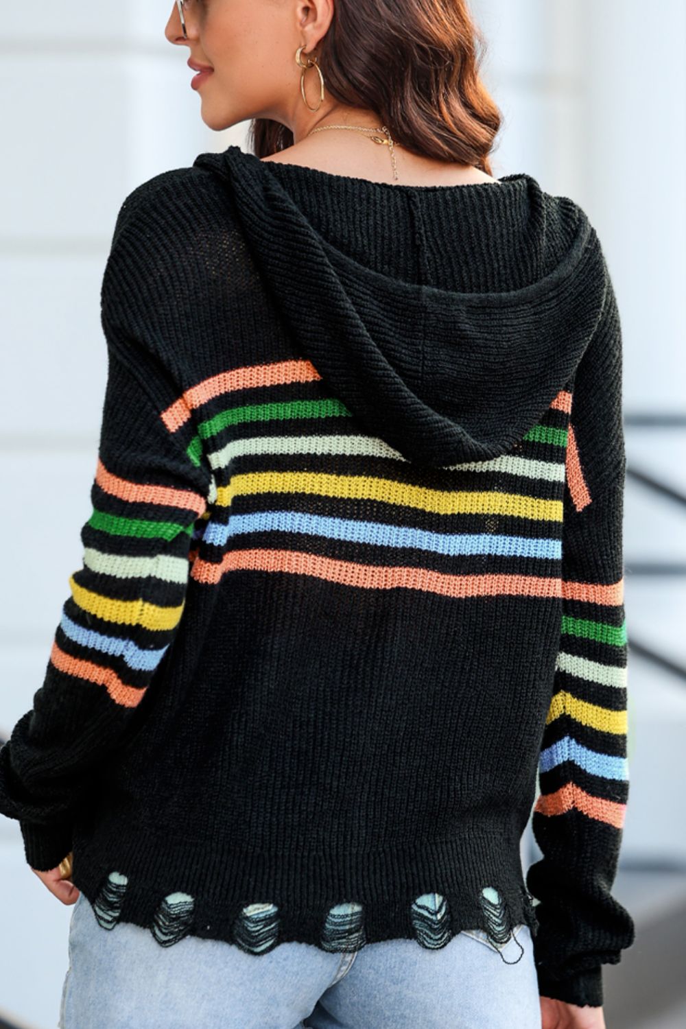 Maxct &Striped Zip Up Hooded Sweater Cardigan