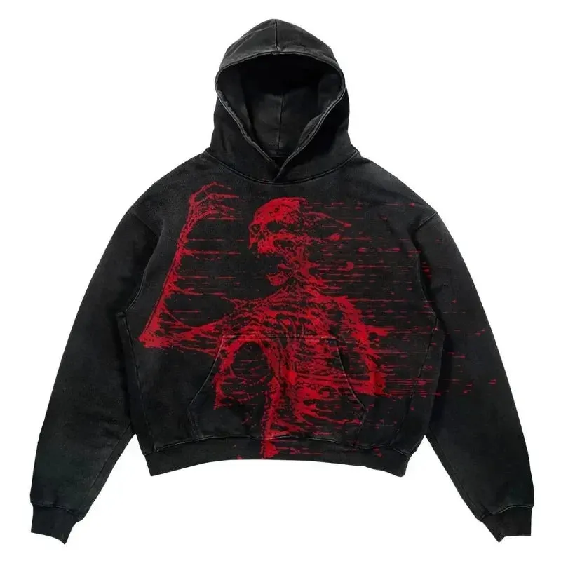 Maxct Y2k Punk Wind Skull Printed Cotton Hoodies Sweatshirt Couples Hip-hop Retro Street Loose Oversized Hoodies Harajuku Gothic Top
