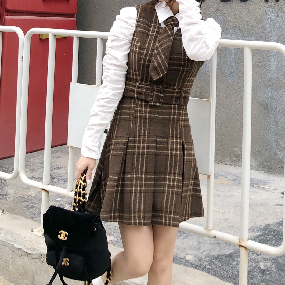 Coffee Plaid Pinafore Dress / Blouse Maxct