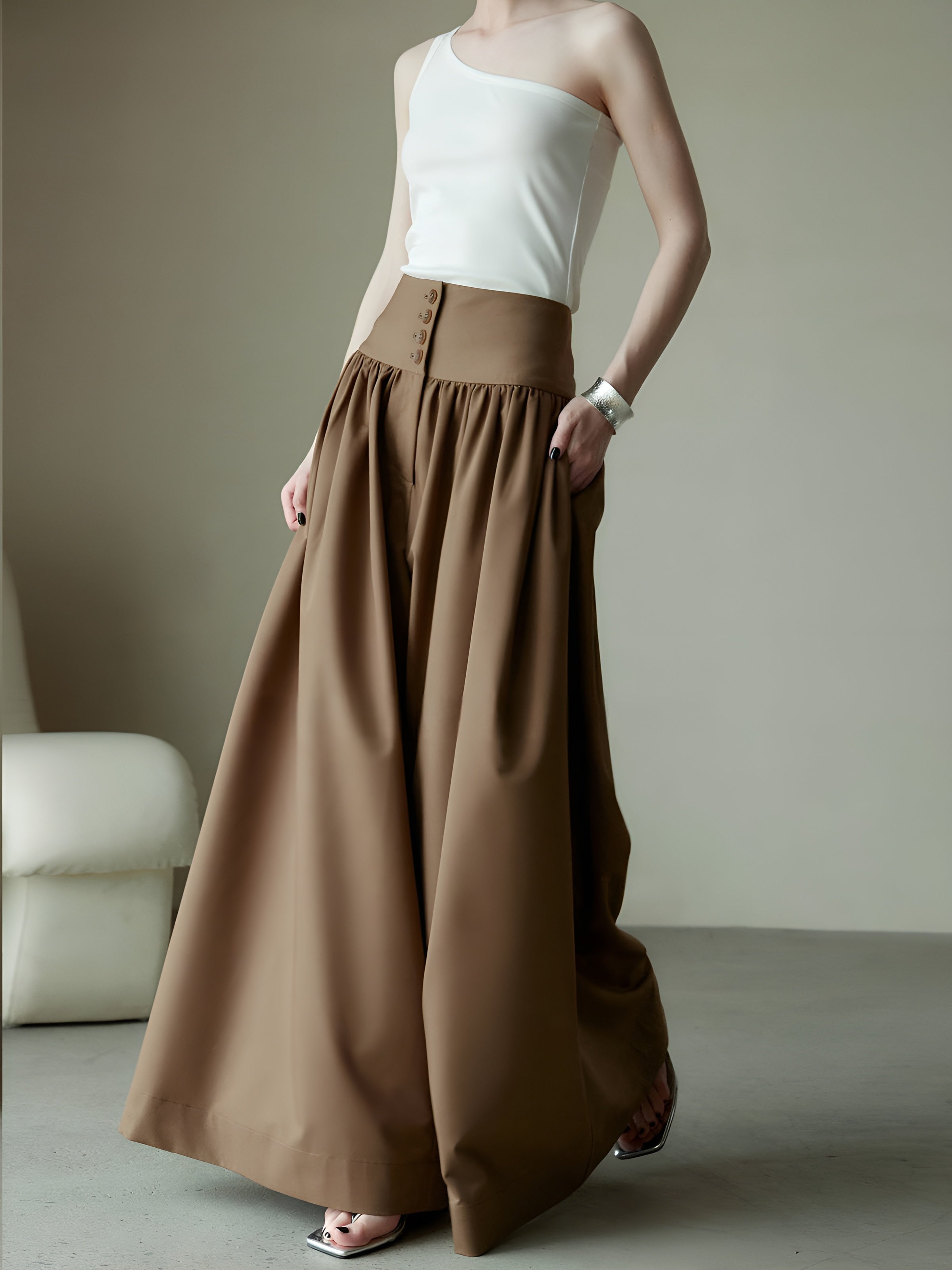 Maxct Pleated High-Waist Button Wide Leg Long Pants