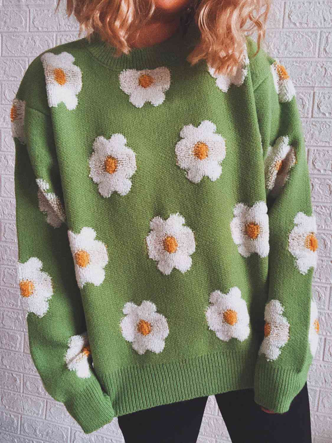 Maxct &Flower Round Neck Long Sleeve Sweater
