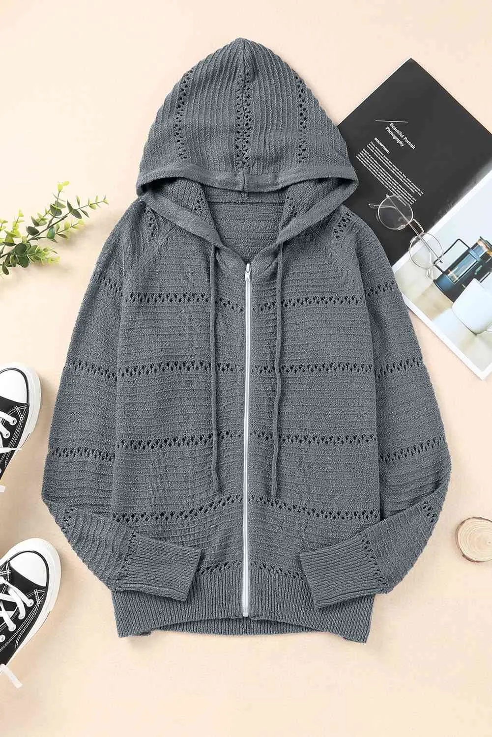 Maxct &Zip-Up Raglan Sleeve Openwork Hooded Cardigan - Image 33