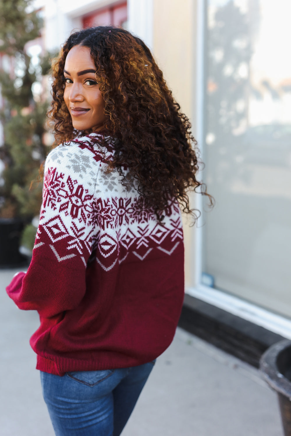 Maxct &Merry Christmas Merlot Snowflake Oversized Sweater Top