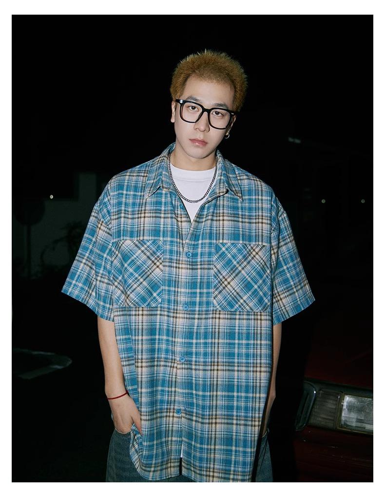 Maxct 90s Streetwear Japanese Niche Plaid Short-sleeved Shirt Men's Summer New Loose Trendy Brand All-match Shirt Couple's Coat Top