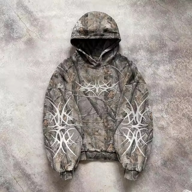 Maxct Camouflage Hooded Coat Sweater Loose New Printed Men's and Women's Pullover Street Fashion Y2K Retro