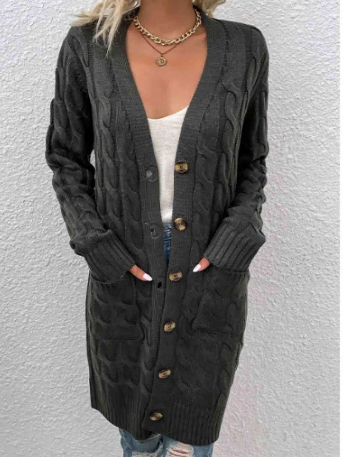 Maxct &Cable-Knit Button Down Cardigan with Pockets