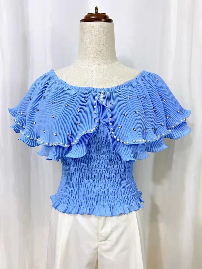 Maxct Sweet Cropped T-shirt Women Beading Ruffles Slash Neck Crop Tops Girls High Stretchy Fashon Tee Shirts
